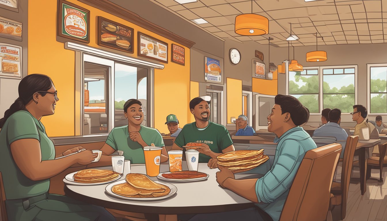 A customer orders a breakfast of pancakes, eggs, bacon, and a side of jalapeños at a historical Whataburger location