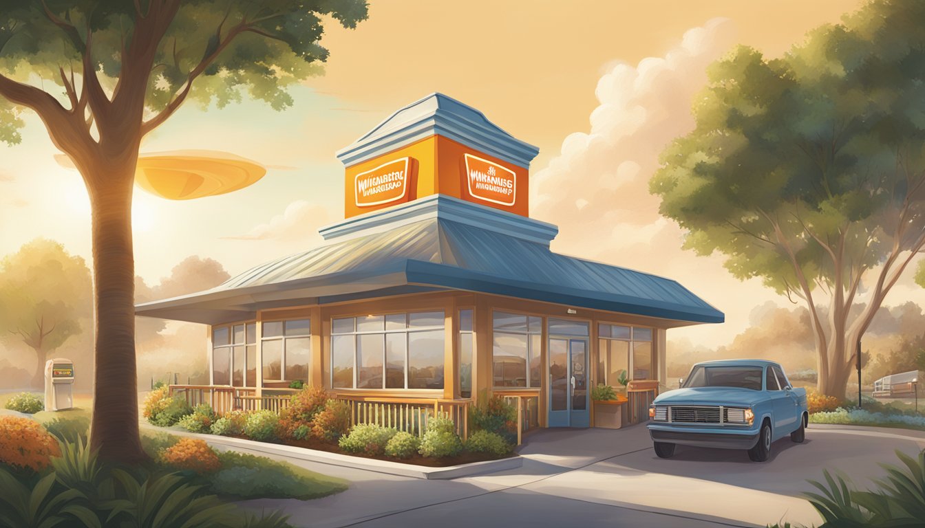 A sunny morning with a Whataburger breakfast menu featuring fresh, locally-sourced produce and hearty options, set against a backdrop of clear skies and vibrant greenery