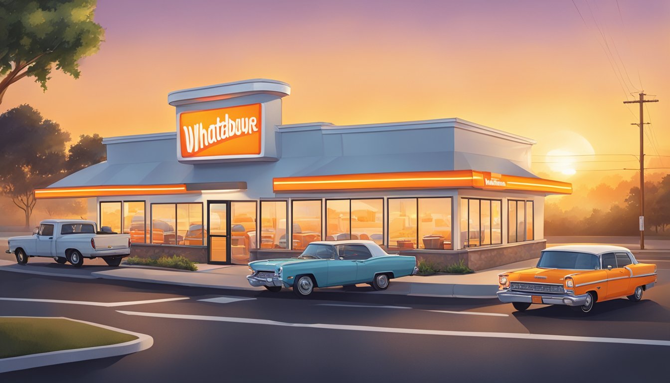 A sunrise over a Whataburger drive-thru with a line of cars, one ordering an unusual breakfast meal. The restaurant is brightly lit and accessible to all