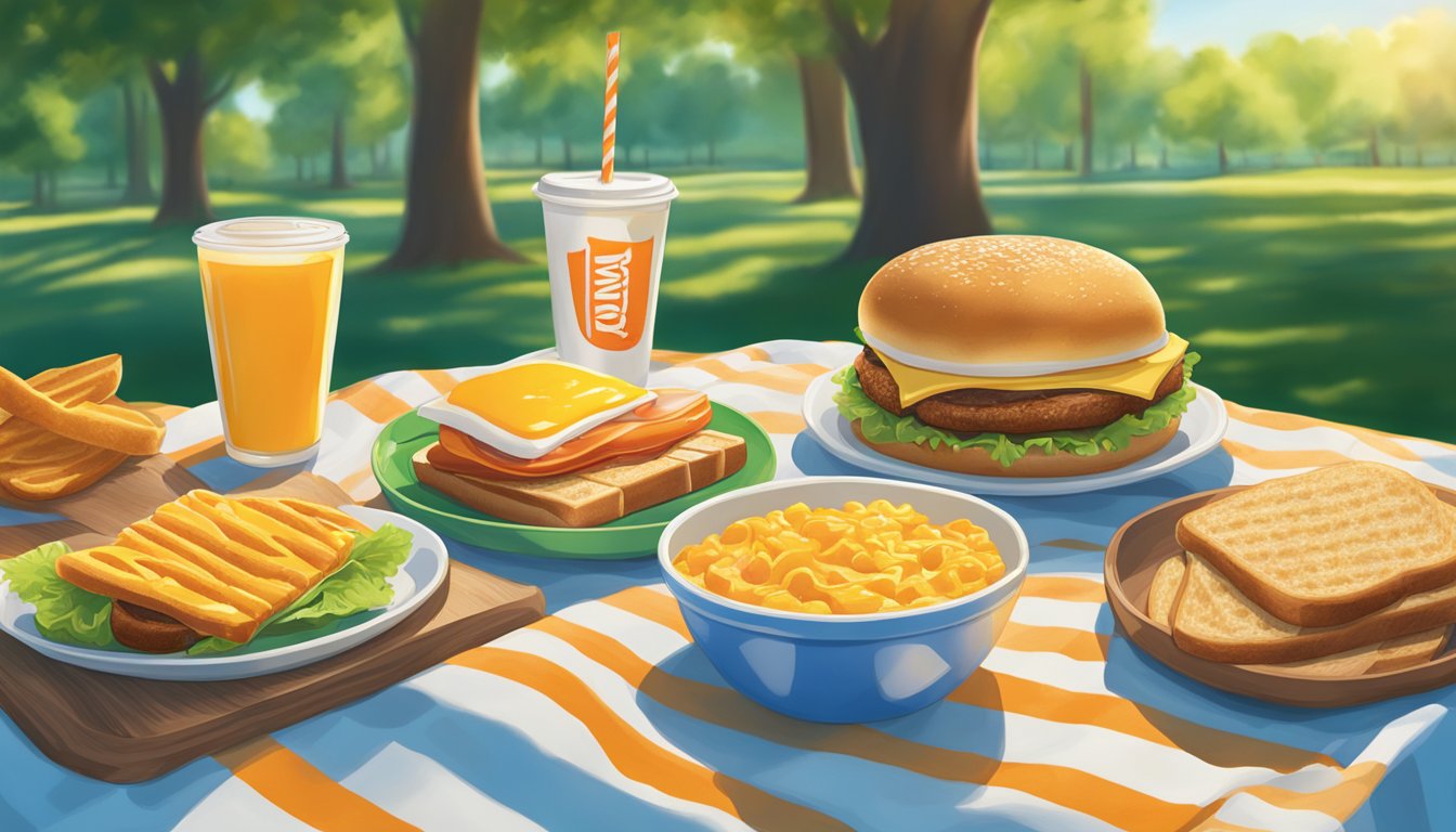 A sunny morning with a Whataburger breakfast spread on a picnic table, surrounded by green trees and a clear blue sky