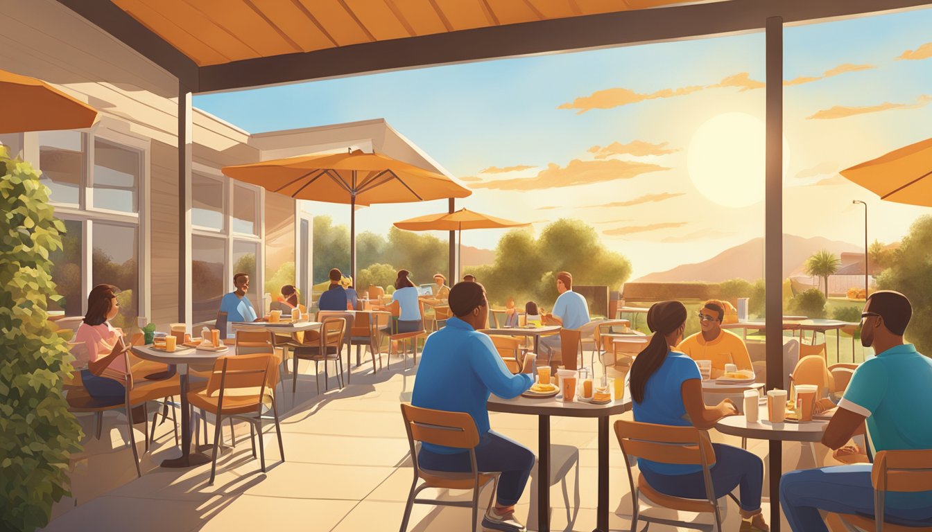 A sunny morning with a Whataburger breakfast spread, featuring hot coffee, biscuits, and a variety of breakfast sandwiches. The sun shines down on the outdoor patio as customers enjoy their morning meal