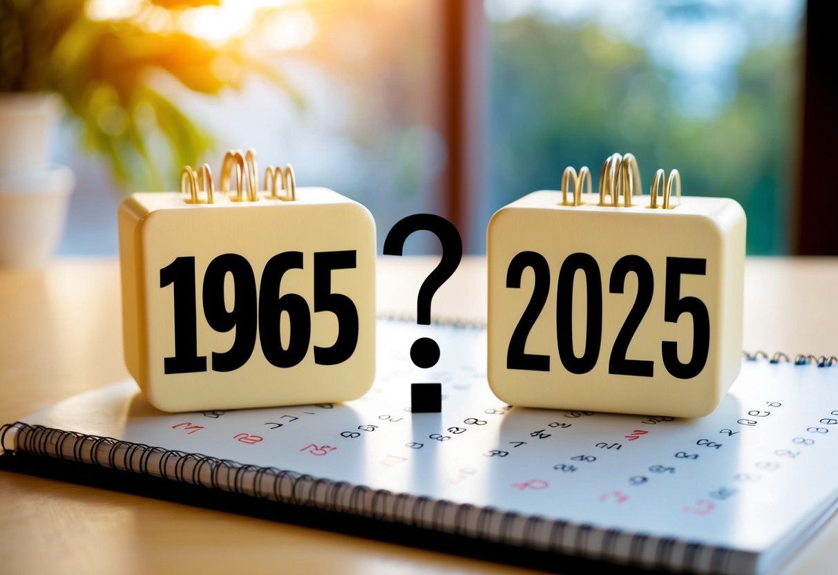 Um calendário mostrando o ano de 1965 e o ano de 2025 com um ponto de interrogação entre eles