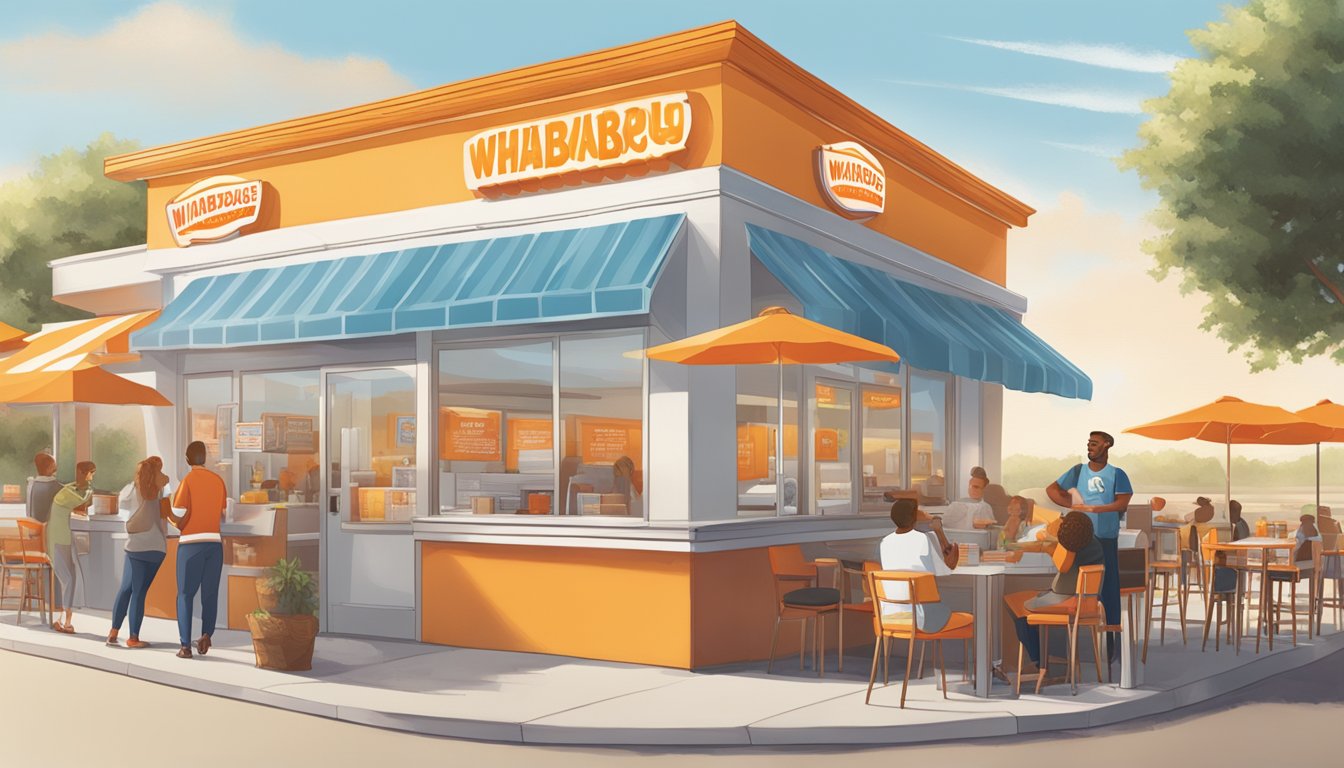 A sunny morning with a steaming breakfast menu displayed outside a Whataburger, while customers happily order at the counter