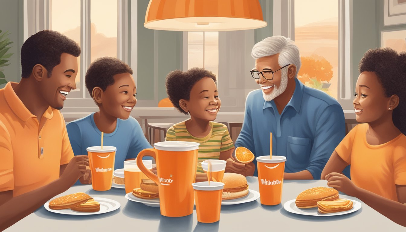 A family sitting around a breakfast table, passing down a Whataburger orange mug from one generation to the next, symbolizing their love for the restaurant's breakfast and family traditions