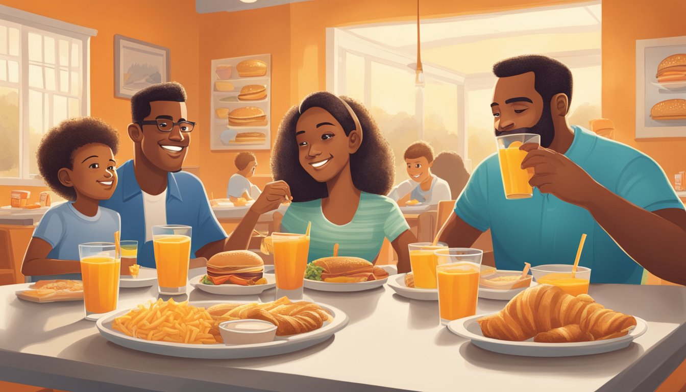 A family enjoying a breakfast spread from Whataburger, with orange juice as a central element. The scene depicts the evolution of menu items and the tradition of sharing meals across generations