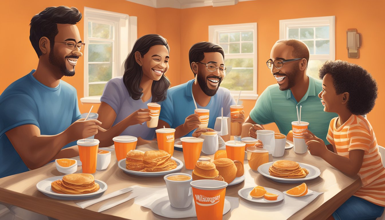 A family gathering around a breakfast table, with Whataburger's iconic orange cups and packaging on display. Laughter and conversation fill the air as multiple generations come together to enjoy a meal