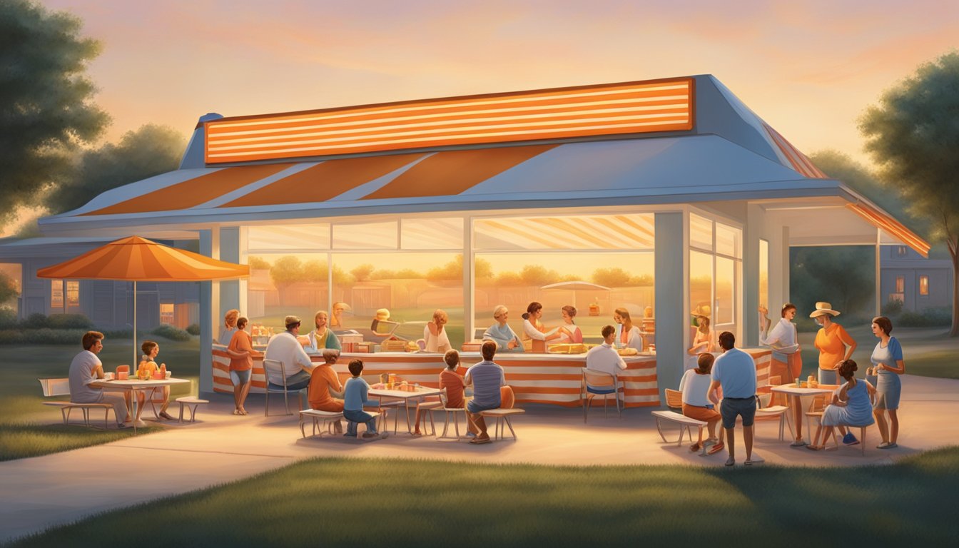 A Texas sunrise illuminates a family picnic at a Whataburger, with generations sharing breakfast under the iconic orange and white striped awning