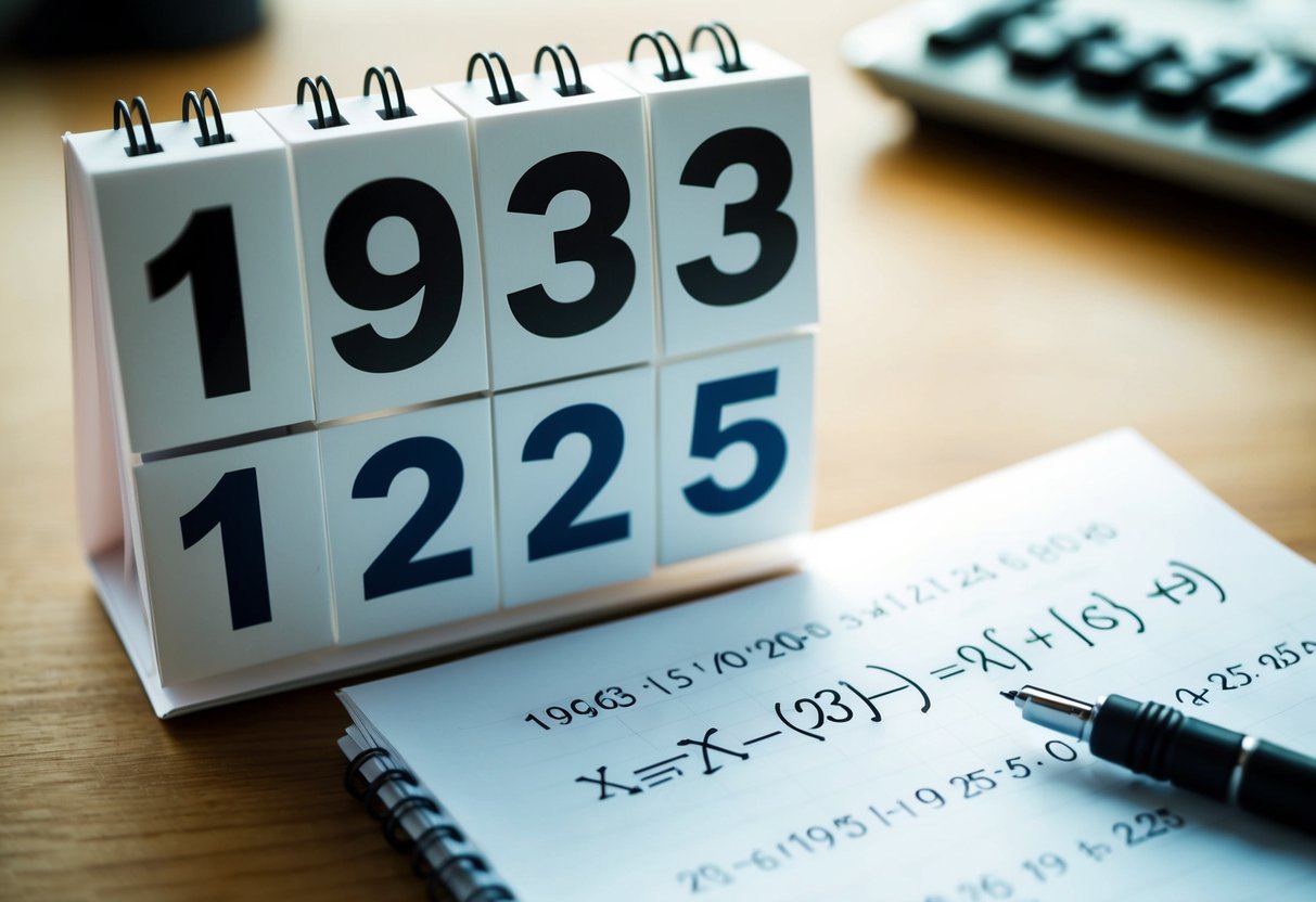 Um calendário mostrando o ano de 1963 e o ano de 2025, com uma equação matemática escrita em um pedaço de papel