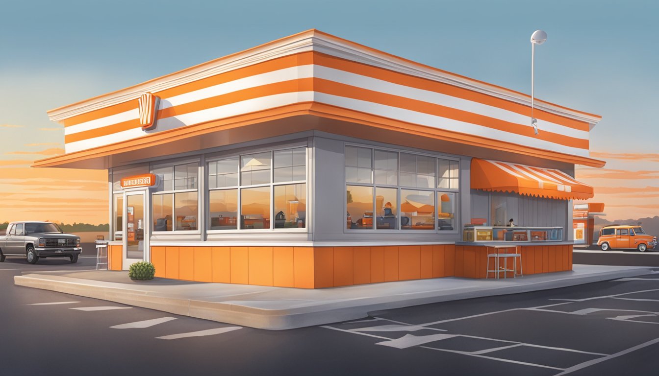 A bustling Whataburger restaurant at dawn, with a line of customers eagerly ordering breakfast items. The iconic orange and white striped building stands out against the morning sky