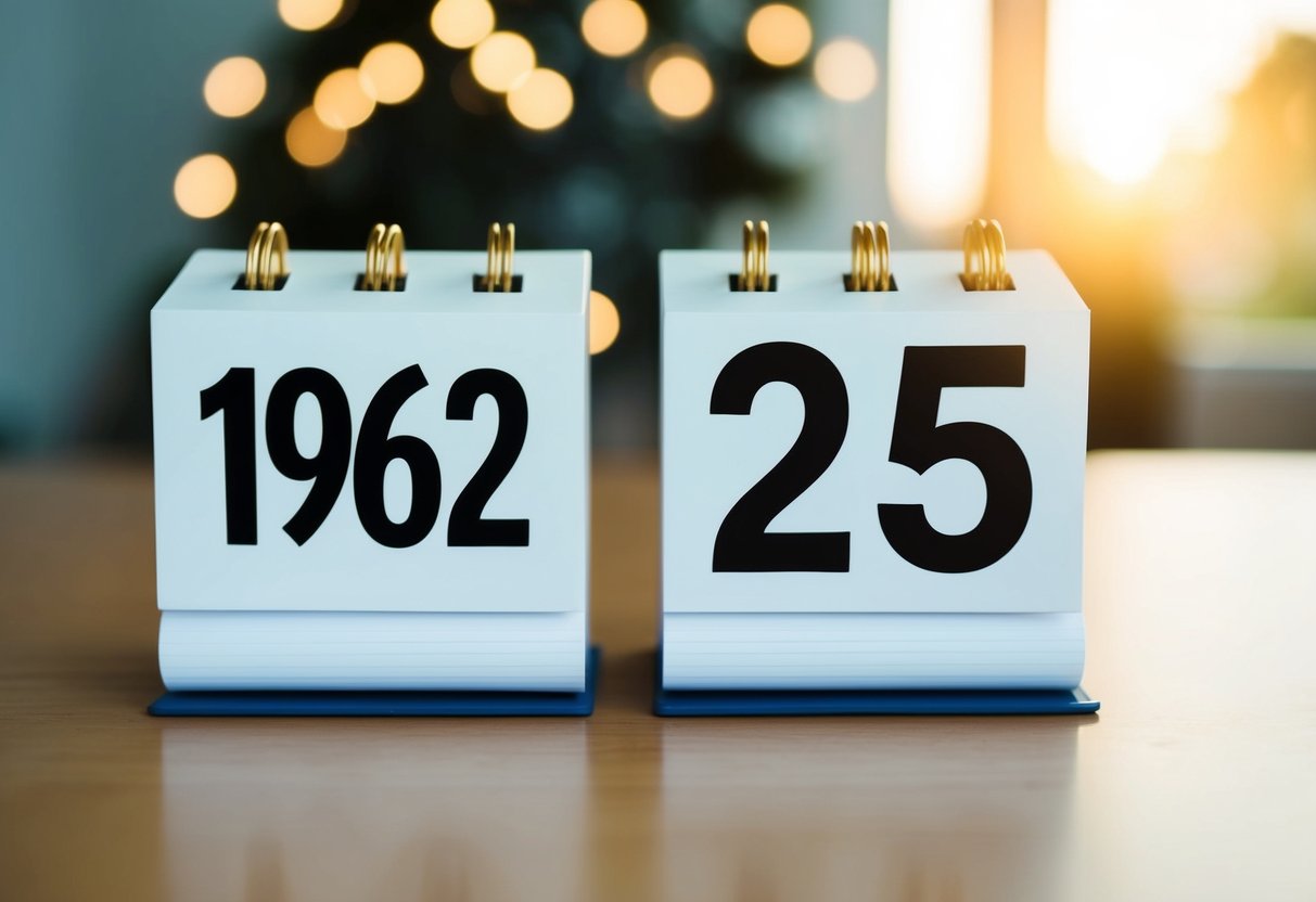 Um calendário mostrando os anos de 1962 e 2025 com uma representação visual clara da passagem do tempo