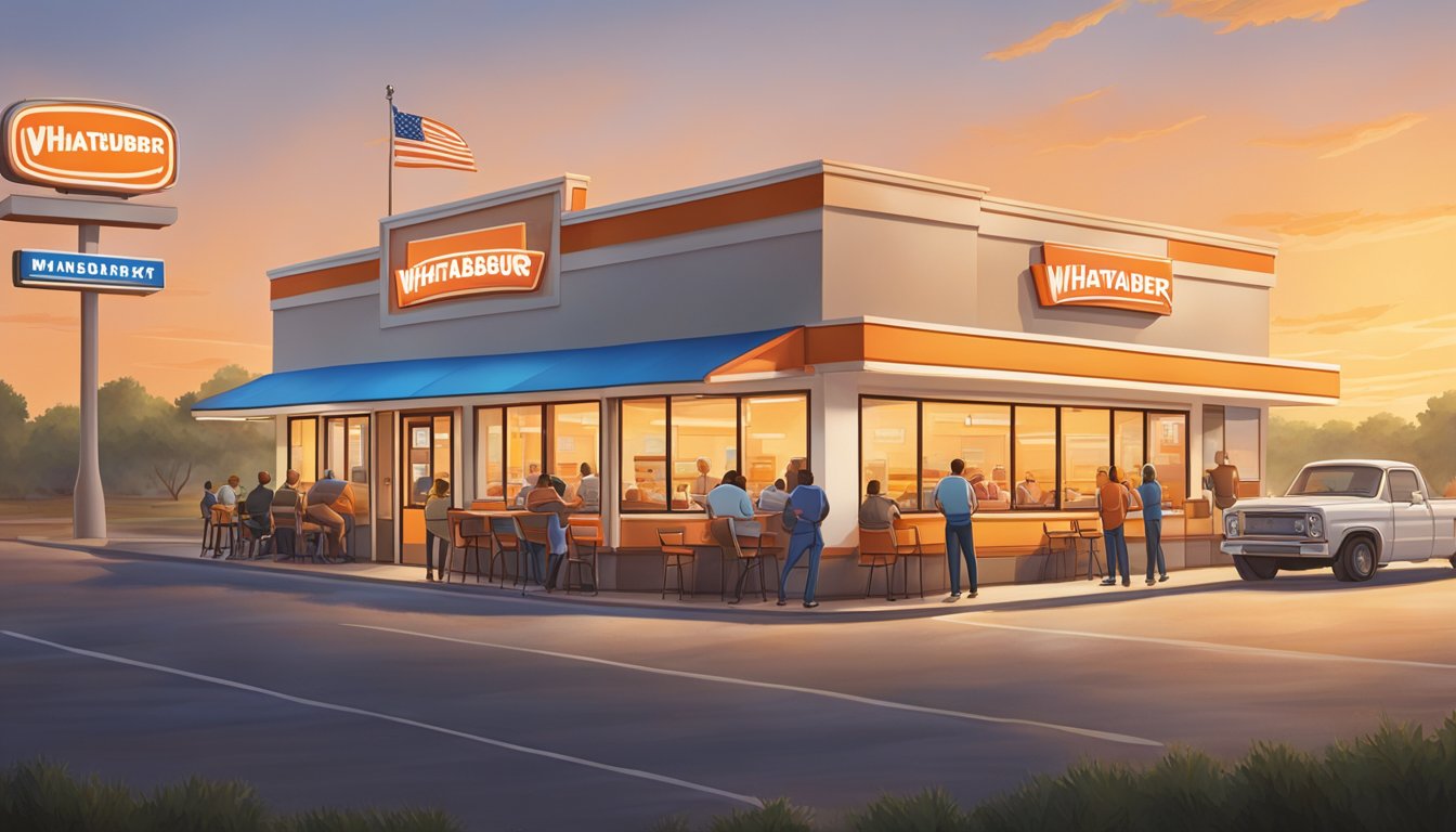 A bustling Whataburger restaurant at dawn, with a line of customers eagerly waiting for their iconic breakfast items. The Texas flag proudly displayed outside