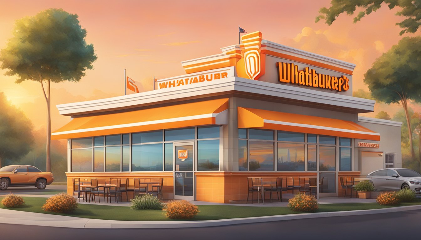 A bustling Whataburger restaurant with a vibrant sunrise in the background, showcasing a variety of breakfast items and a logo prominently displayed