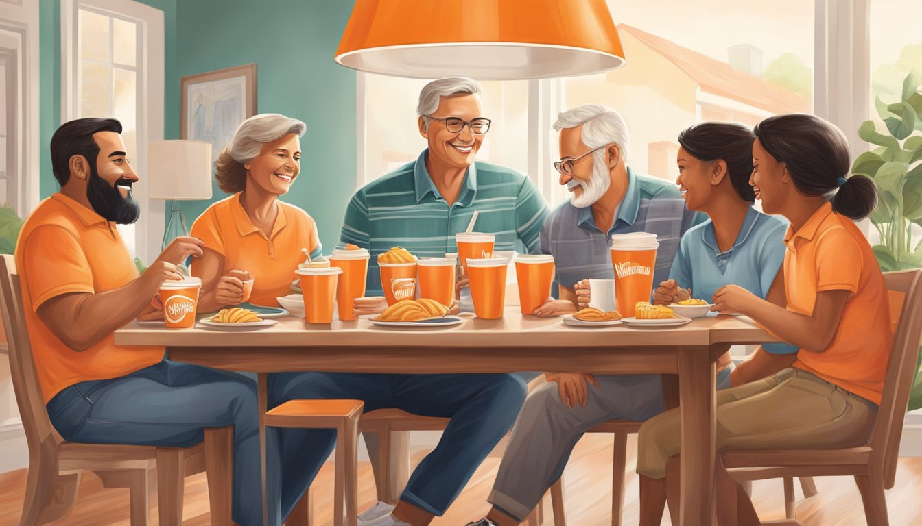 A family gathering around a breakfast table, passing down Whataburger's iconic orange cups through generations