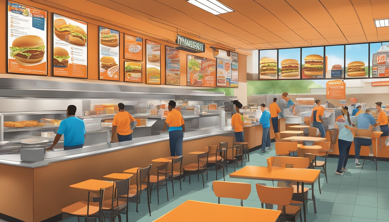 A bustling Whataburger restaurant with a colorful menu board prominently displaying breakfast offerings, while political campaign signs and flyers are scattered throughout the dining area