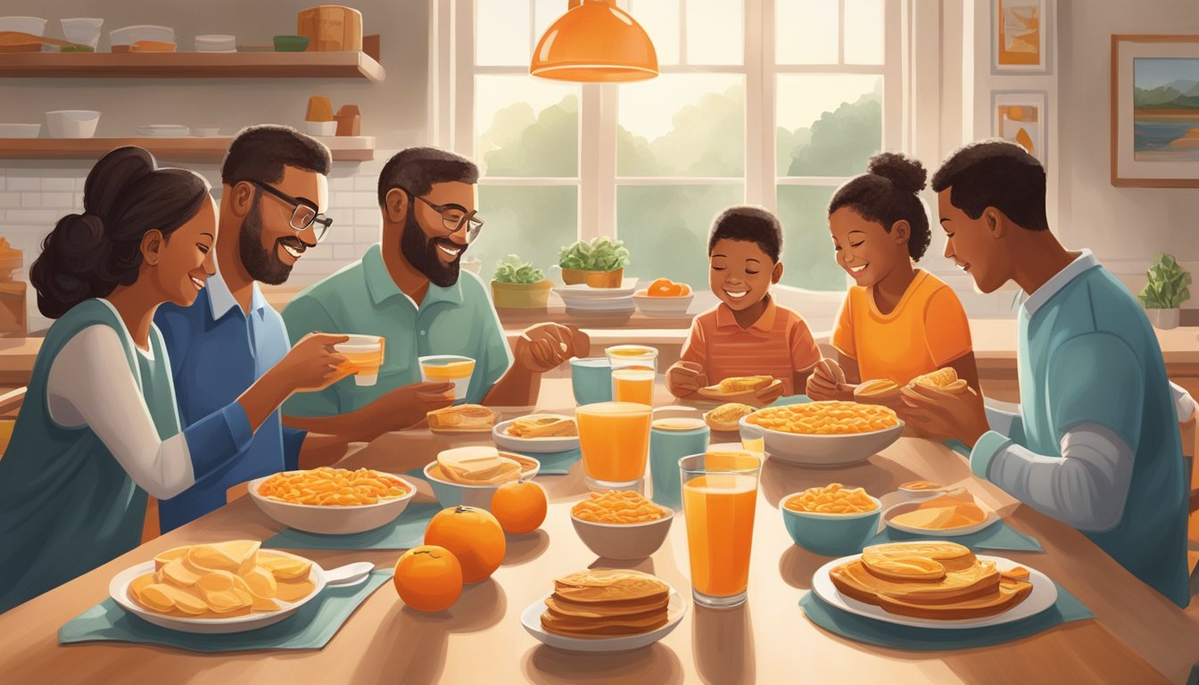 A family at a breakfast table, passing down an orange from one generation to the next. Ingredients for Whataburger's breakfast spread out on the table