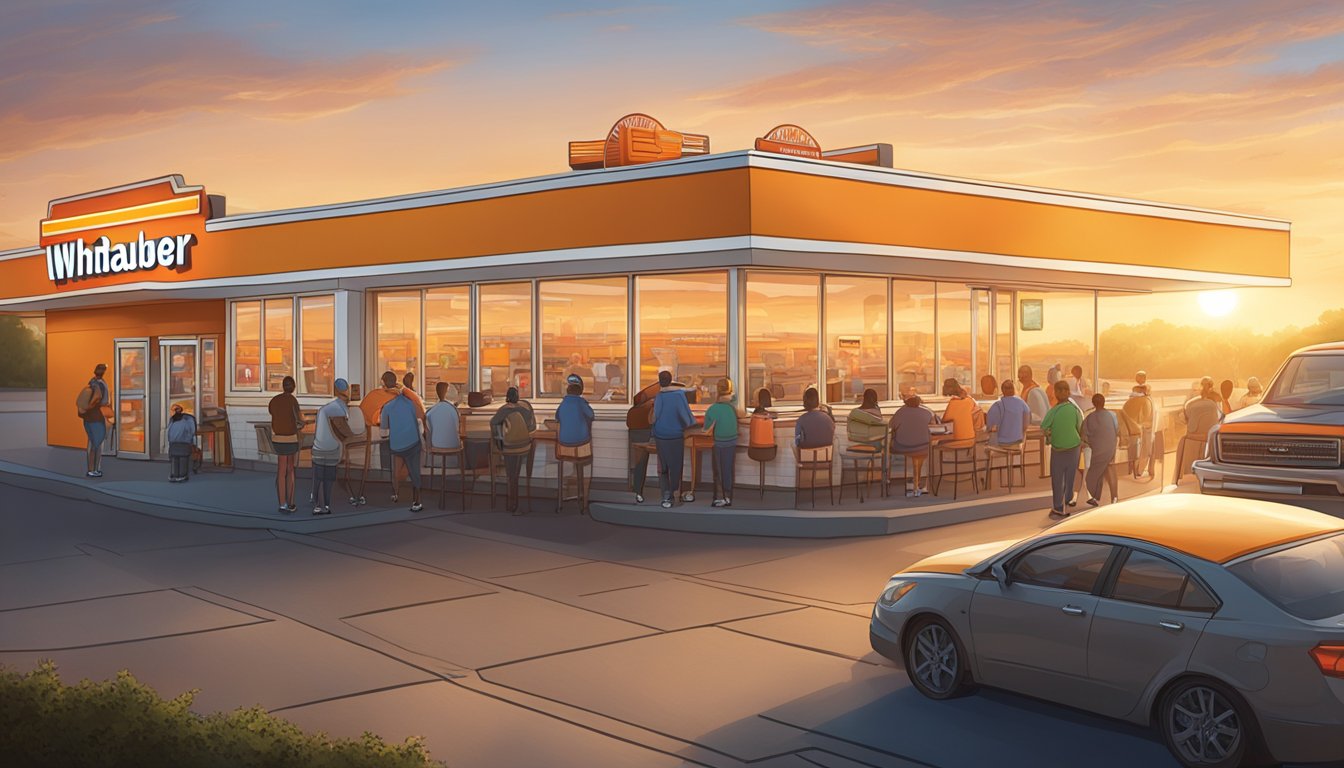 A bustling Whataburger restaurant with a line of customers eagerly ordering breakfast items as the morning sun rises over the horizon