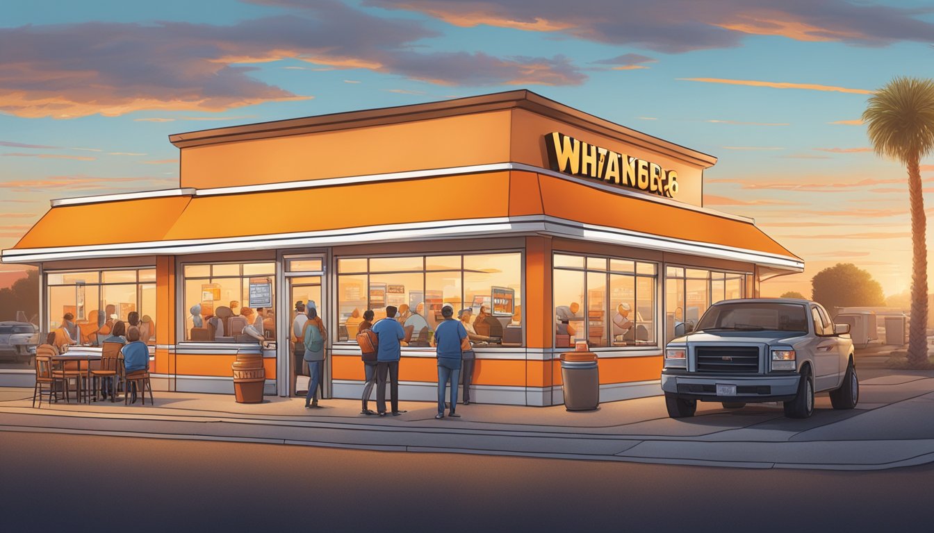 A bustling Whataburger restaurant at dawn, with a line of customers eagerly ordering breakfast items. A political campaign poster prominently displayed in the window