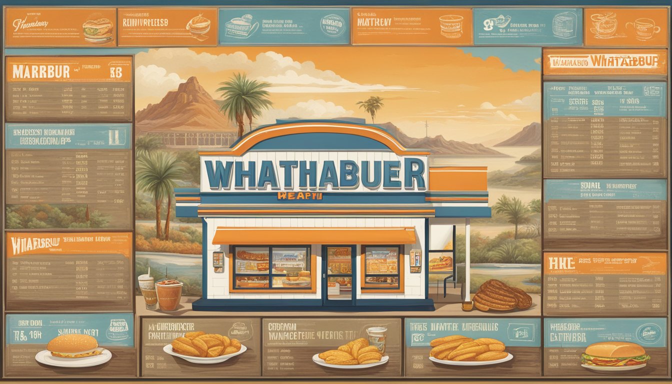 A vintage Whataburger menu board displays changing breakfast prices over time, surrounded by corporate logos and historical imagery