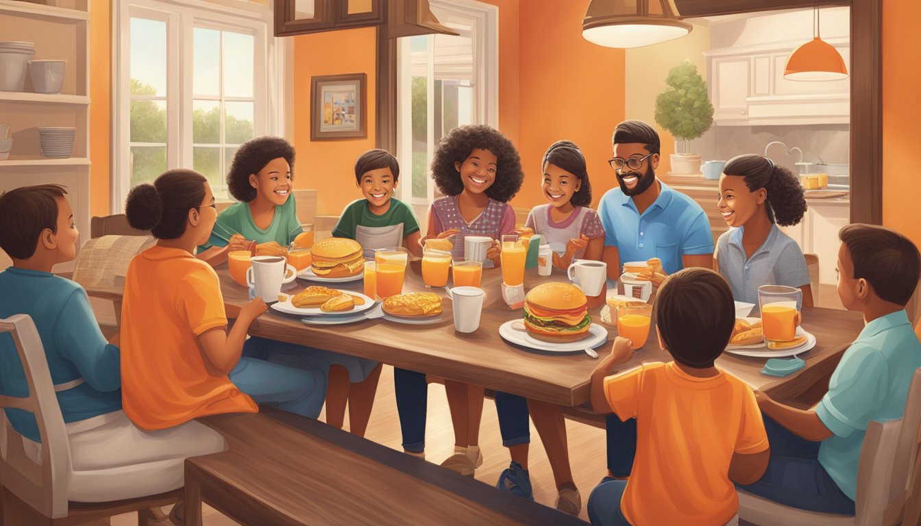 A family gathering around a breakfast table, passing down a love for Whataburger's iconic orange logo through generations