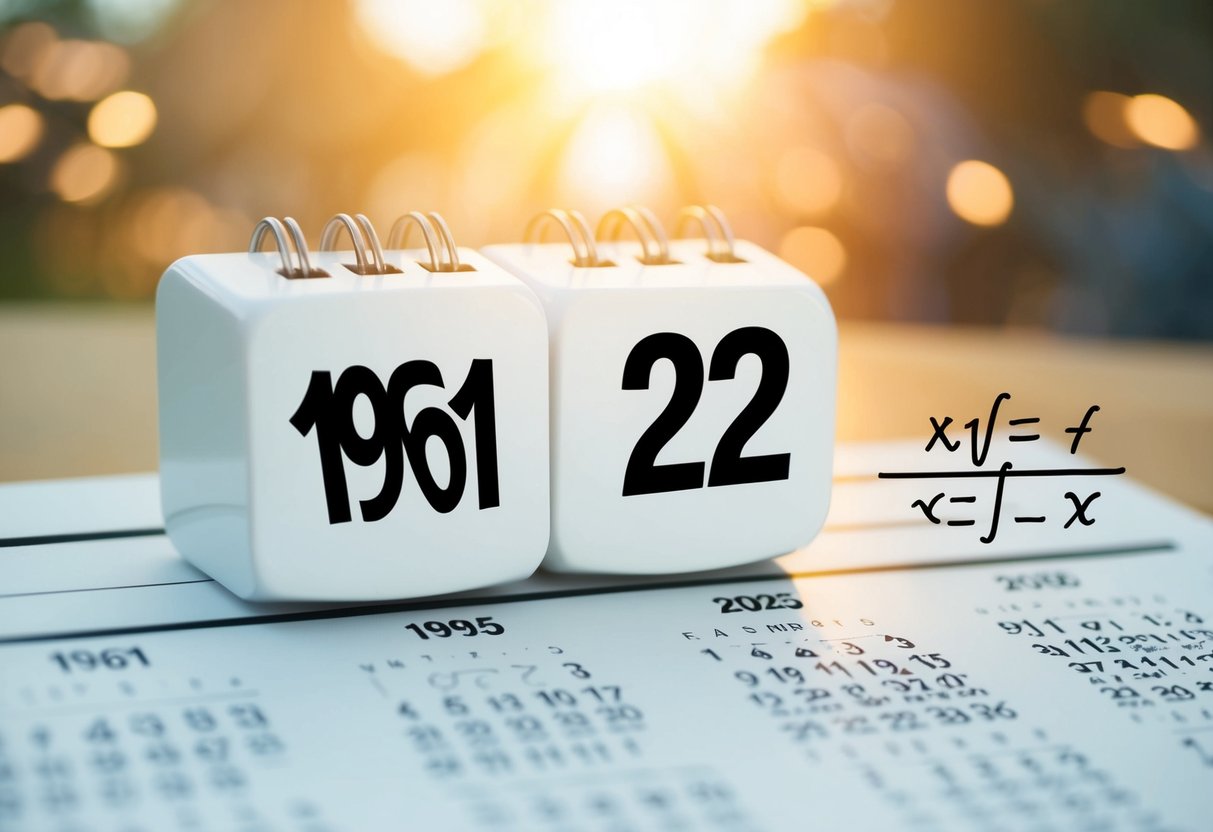 Um calendário mostrando os anos de 1961 e 2025, com uma equação matemática escrita ao lado.