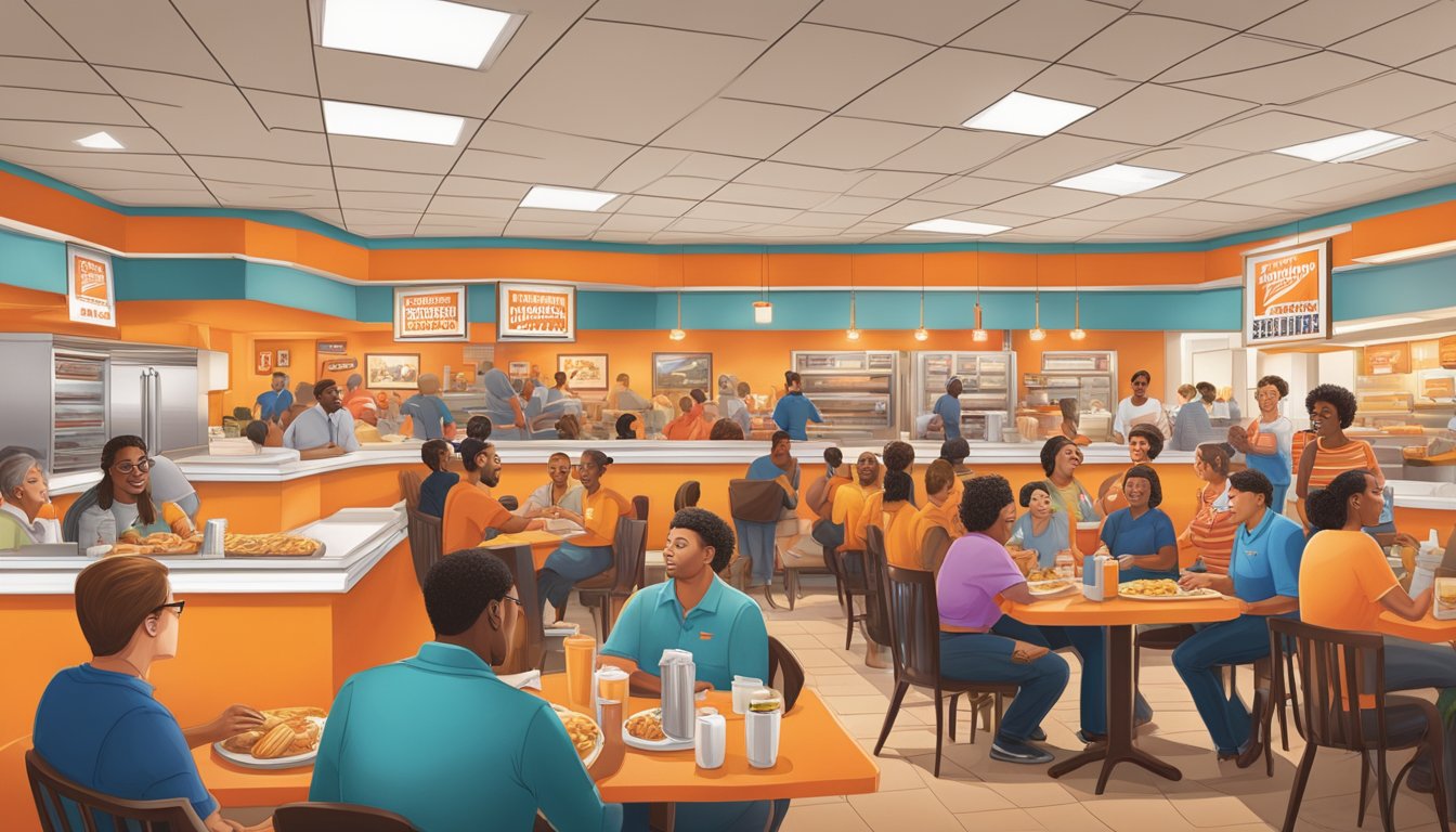 A crowded Whataburger restaurant at breakfast time, with a mix of customers and political campaign staff engaging in discussions over their meals