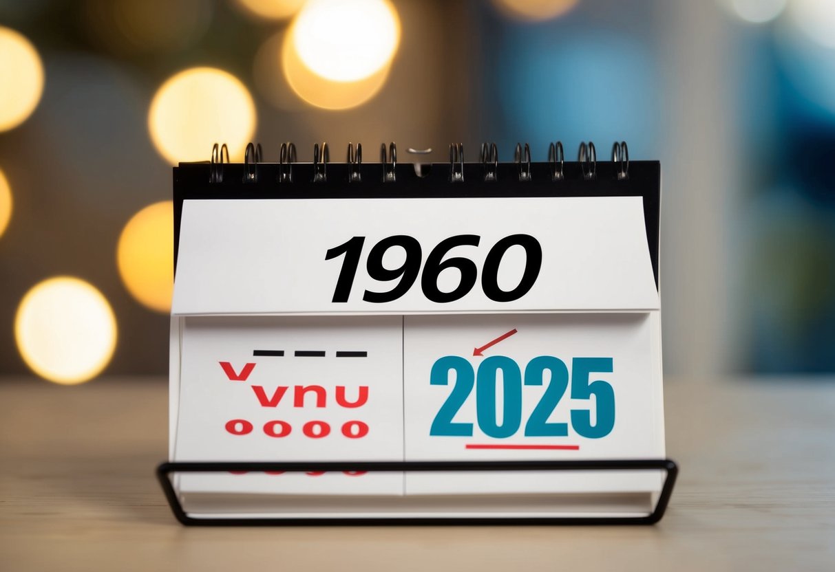 Um calendário com o ano de 1960 circulado e o ano de 2025 destacado