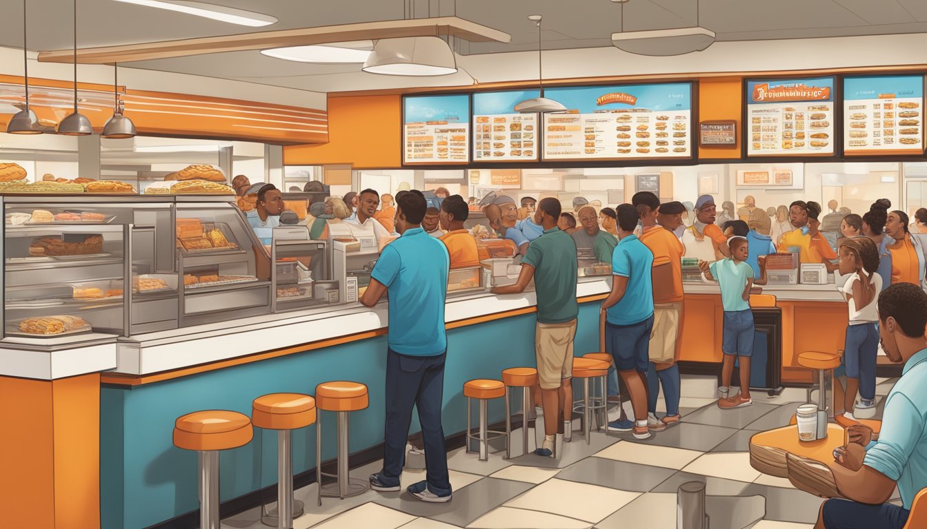 A bustling Whataburger restaurant with a line of customers eagerly ordering breakfast items while a large sign prominently displays the history of breakfast pricing