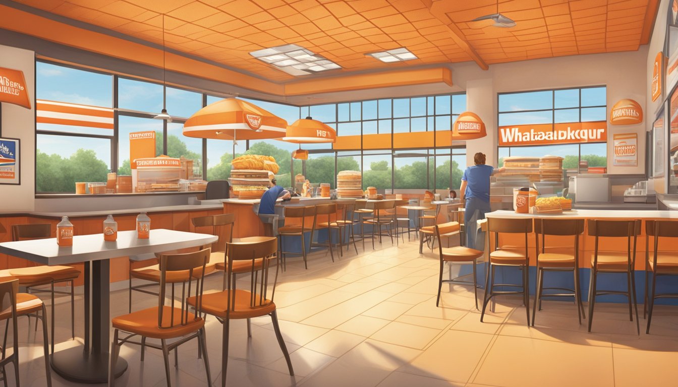 A bustling Whataburger restaurant at sunrise, with political campaign signs and banners scattered throughout the dining area. The aroma of sizzling breakfast items fills the air as customers engage in lively discussions