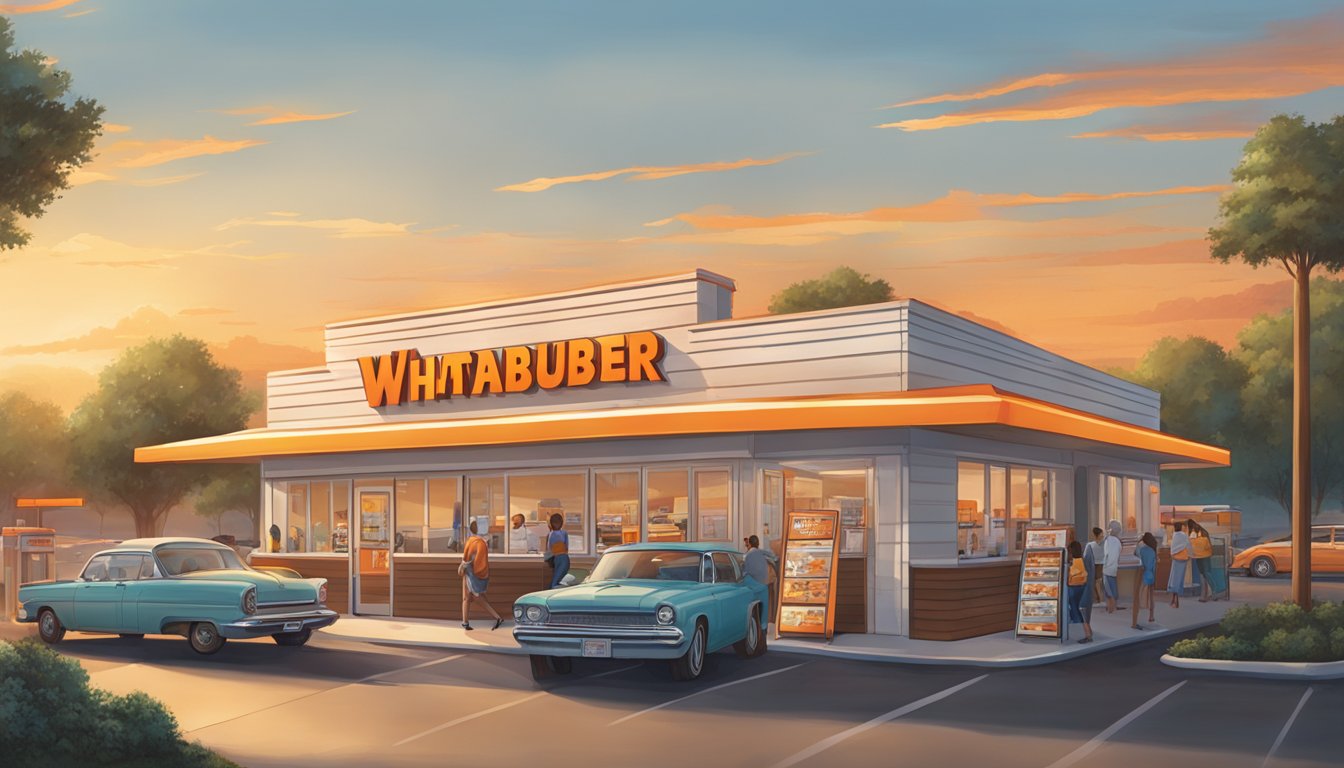 A sunrise over a Whataburger restaurant with a menu board displaying breakfast items and prices, while customers line up at the drive-thru