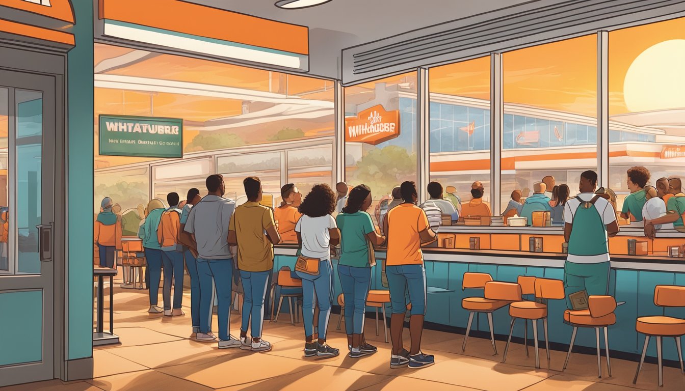 A bustling Whataburger restaurant at sunrise, with a line of customers eagerly waiting for their breakfast orders, while political campaign posters adorn the windows