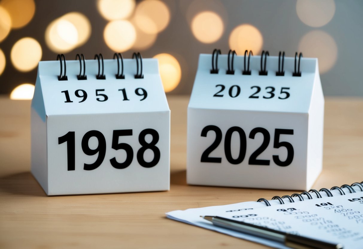 Um calendário mostrando os anos de 1958 e 2025 com uma fórmula de cálculo