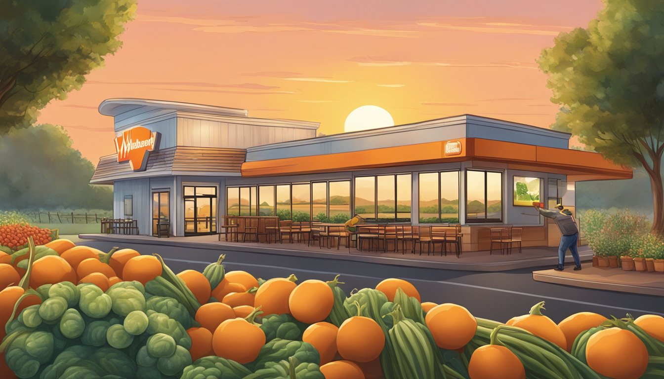 A farmer harvesting fresh produce at sunrise, with a Whataburger restaurant in the background