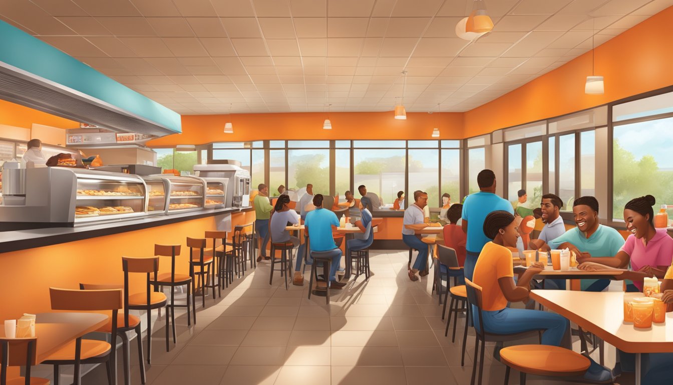 A bustling Whataburger restaurant during breakfast hours, with a diverse mix of customers enjoying their meals in a warm and inviting atmosphere