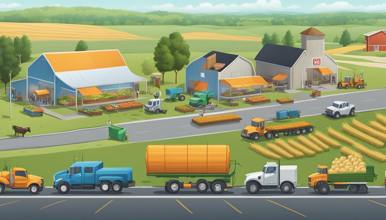 A farm with fields of wheat, cows grazing in a pasture, and workers harvesting fresh vegetables. Trucks loading produce outside a Whataburger restaurant