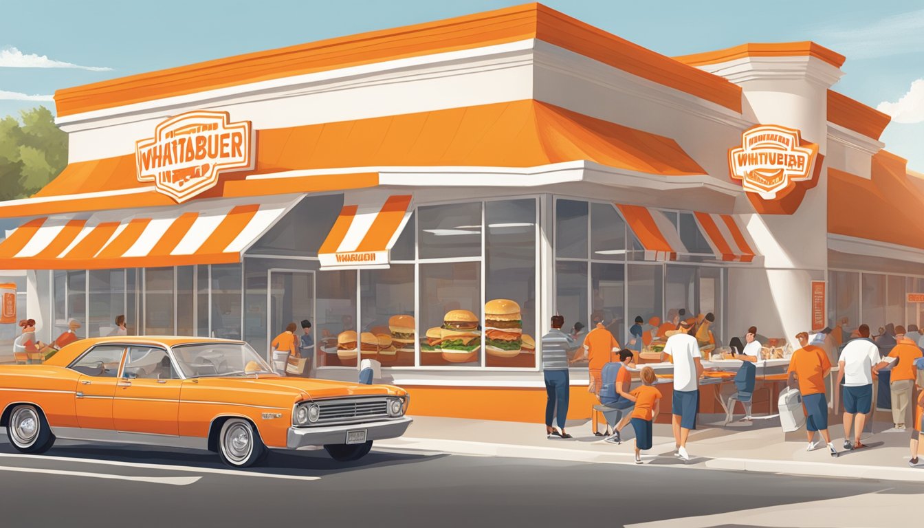 A bustling morning scene at a Whataburger restaurant, with customers enjoying breakfast items and the iconic orange and white branding prominently displayed