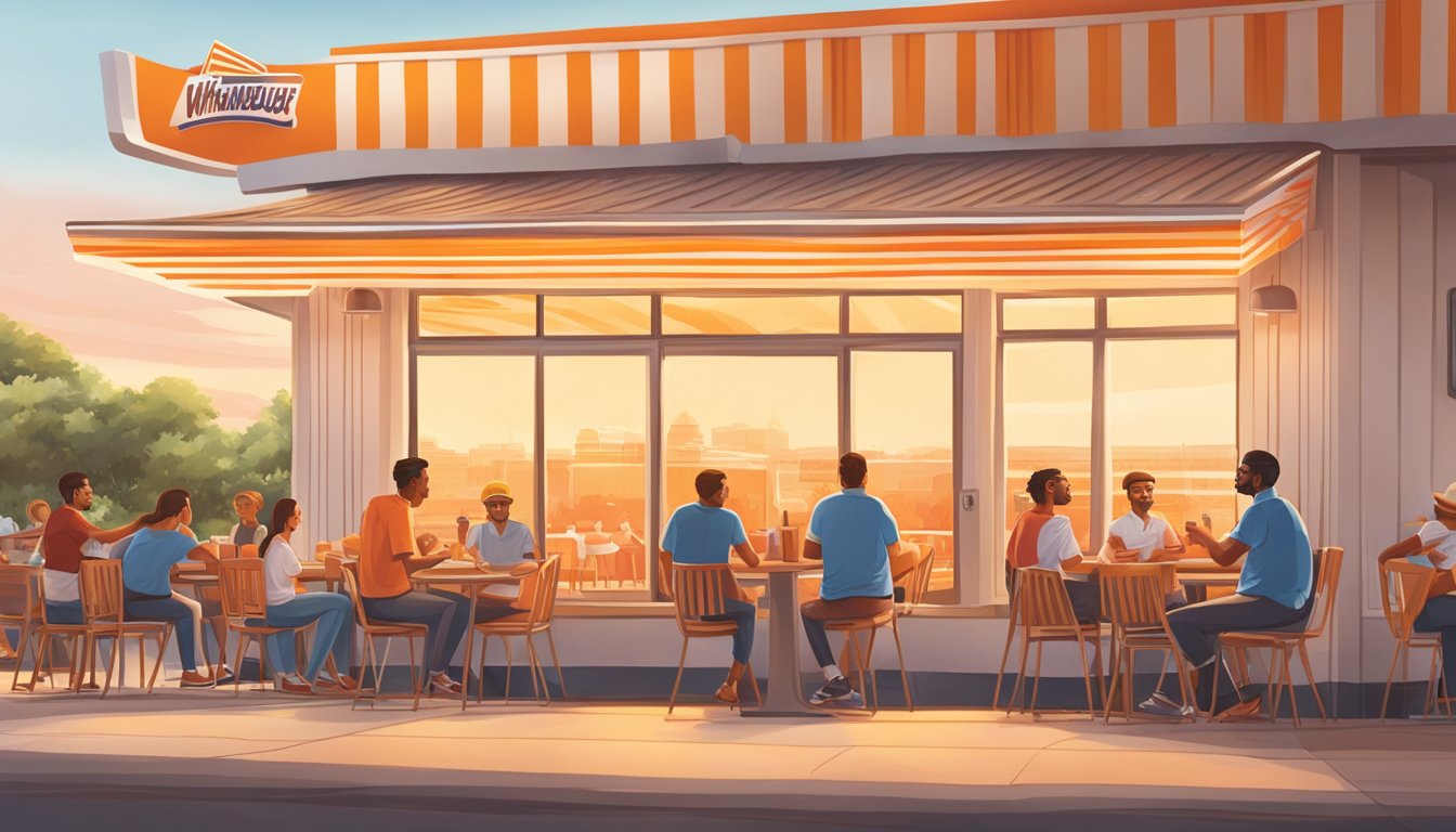 A sunrise over a bustling Whataburger restaurant, with tourists and locals enjoying breakfast under the iconic orange and white striped roof