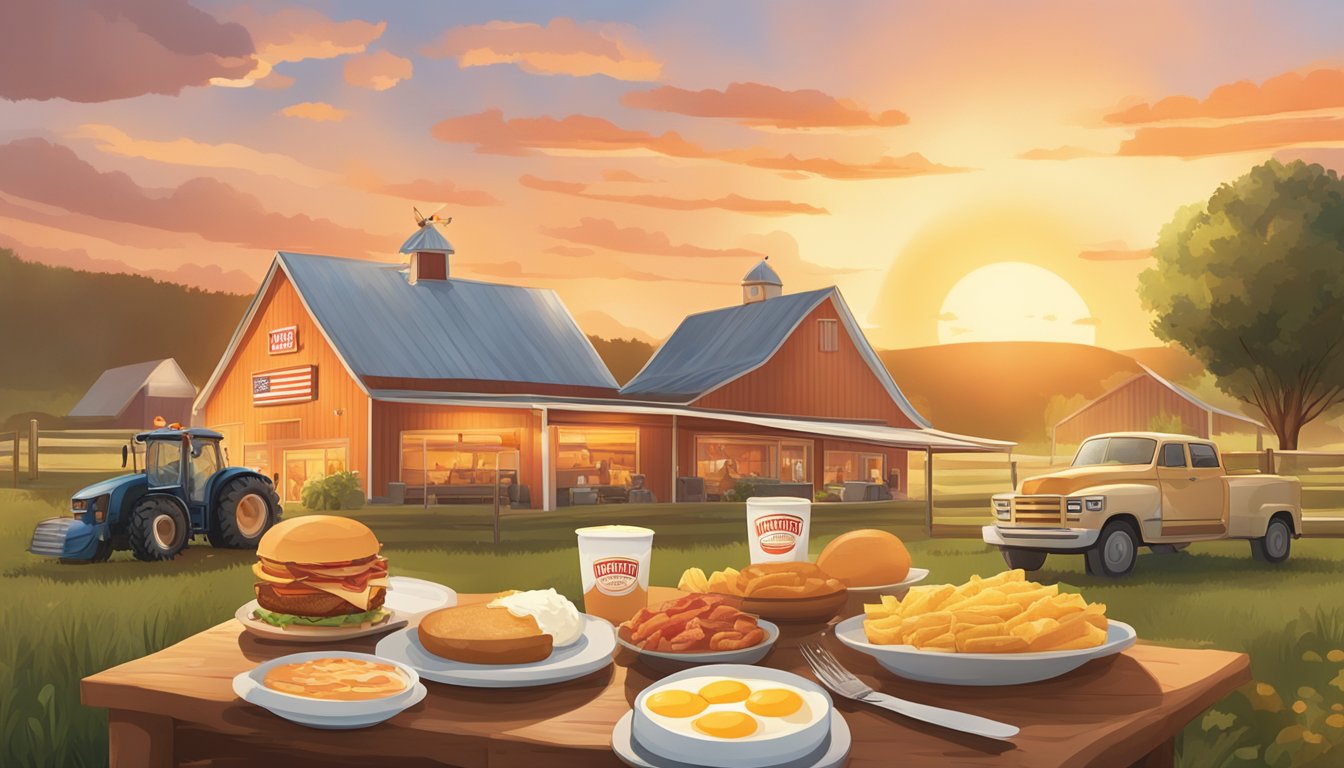 A farm scene with a sunrise backdrop, featuring a variety of fresh ingredients such as eggs, bacon, and potatoes, alongside a Whataburger breakfast menu