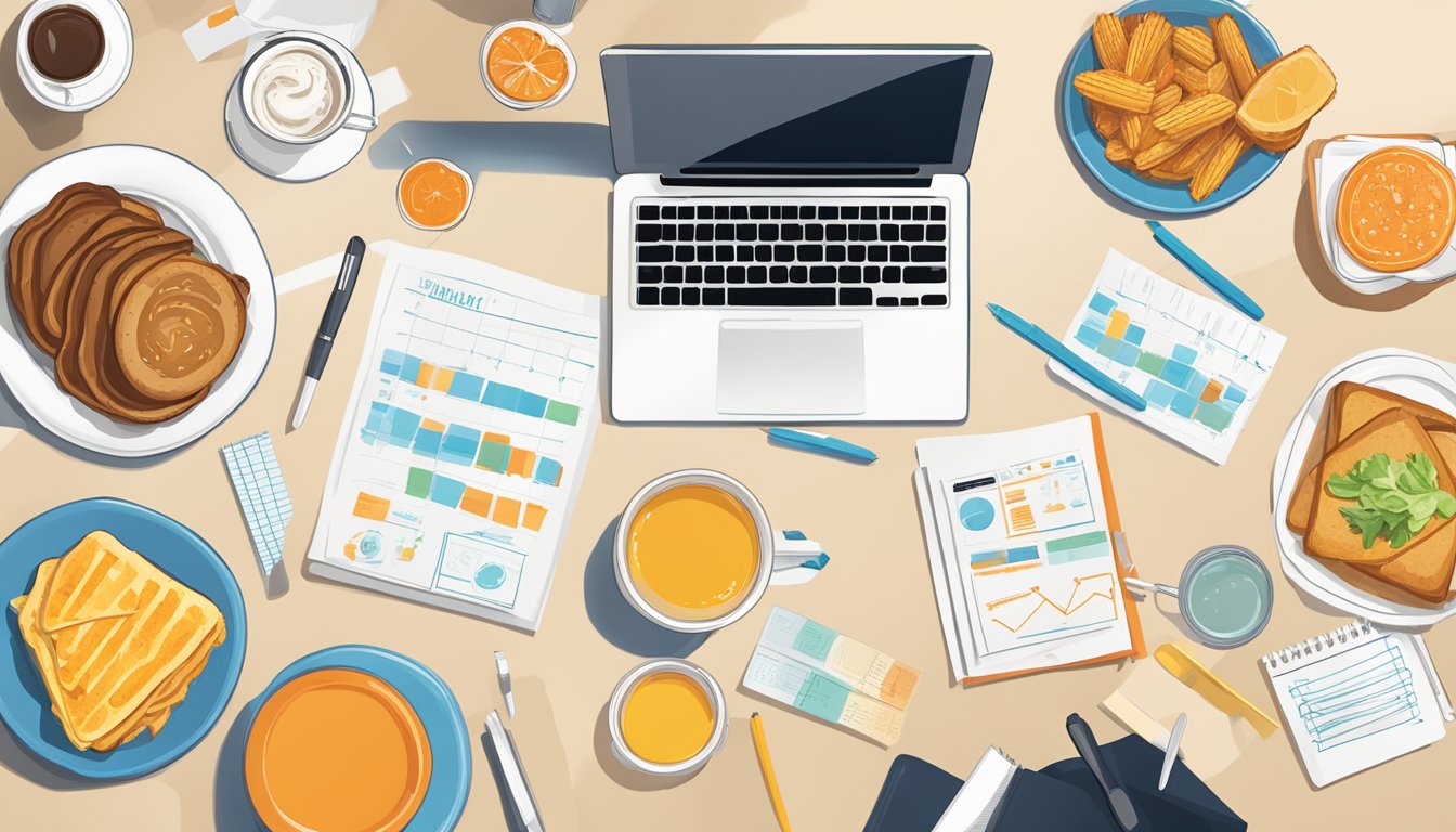 A table with a spread of Whataburger breakfast items, surrounded by brainstorming notes and charts on product strategy and innovation