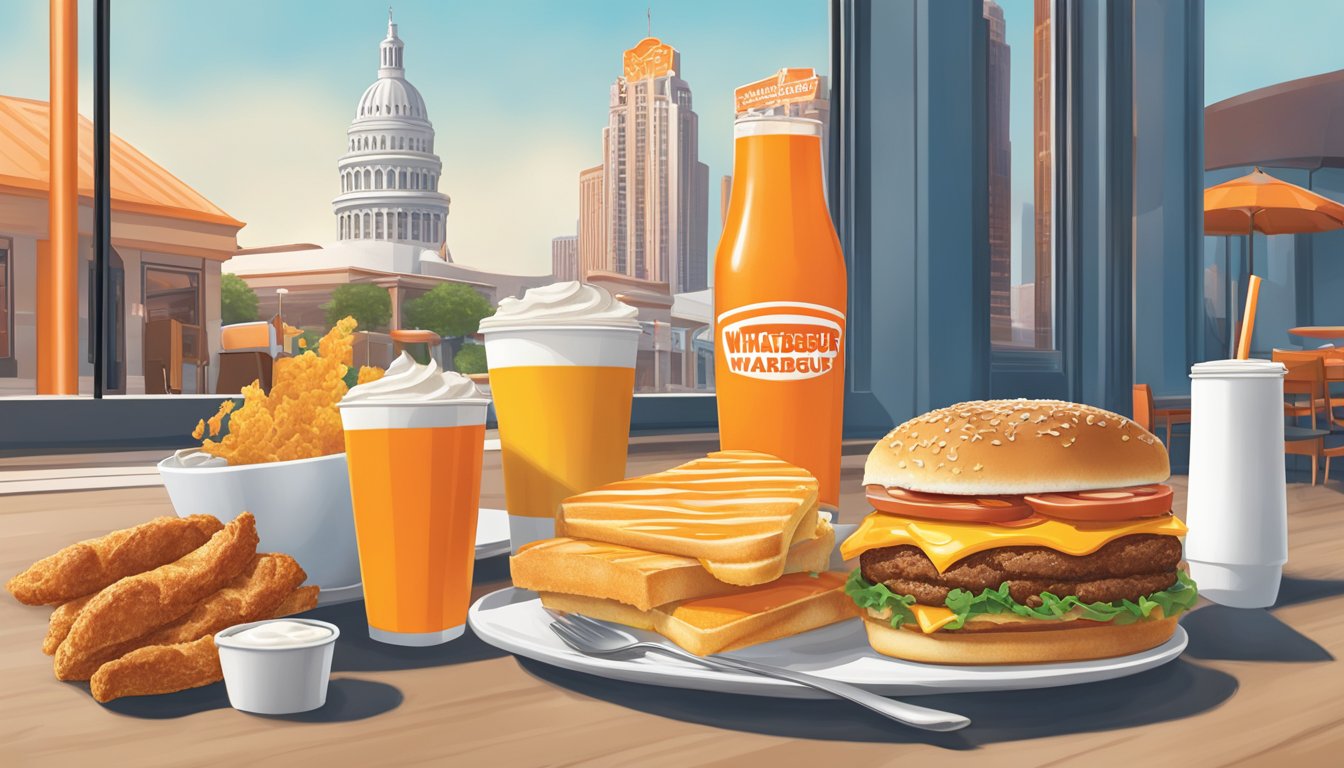 A colorful breakfast spread at Whataburger with iconic Texas landmarks in the background