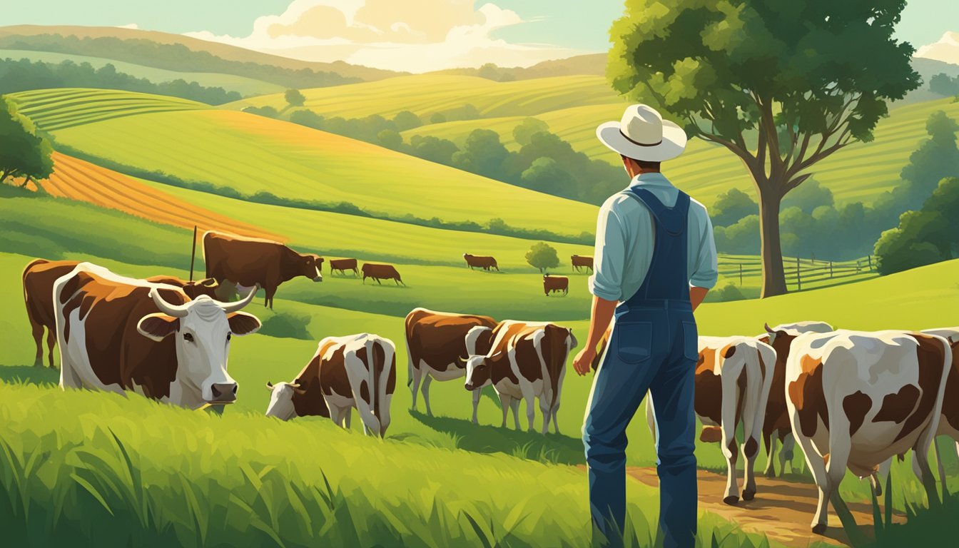 A farmer standing in a lush green field, surrounded by grazing cows and rolling hills. The morning sun illuminates the scene as the farmer carefully selects the freshest beef for Whataburger's breakfast