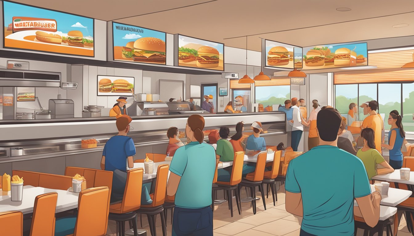 A bustling Whataburger restaurant with a colorful and inviting breakfast menu displayed on the wall, while tourists eagerly line up to place their orders