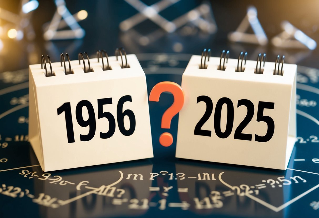 Um calendário mostrando os anos 1956 e 2025 com um ponto de interrogação no meio, cercado por equações e símbolos matemáticos.