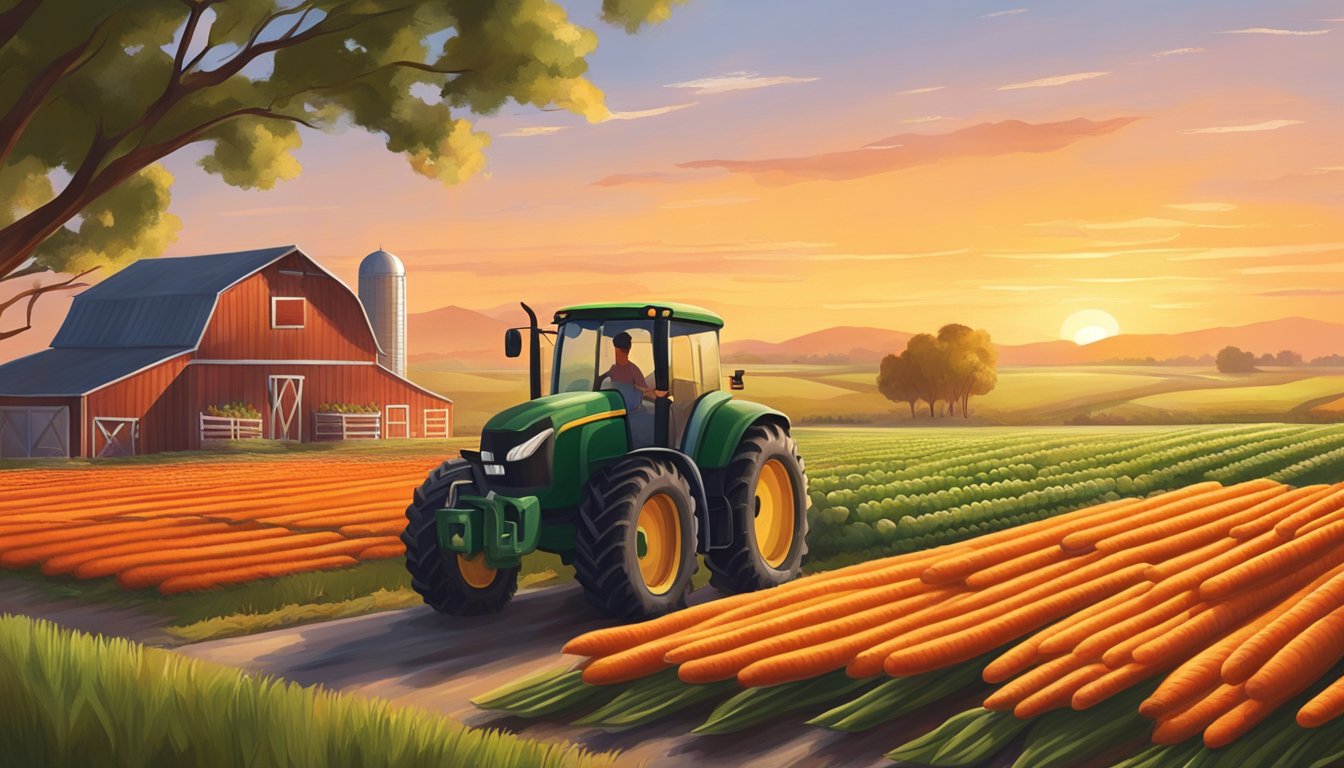 A farmer harvesting fresh produce at sunrise, with a backdrop of rolling fields and a barn, while a Whataburger restaurant stands in the distance