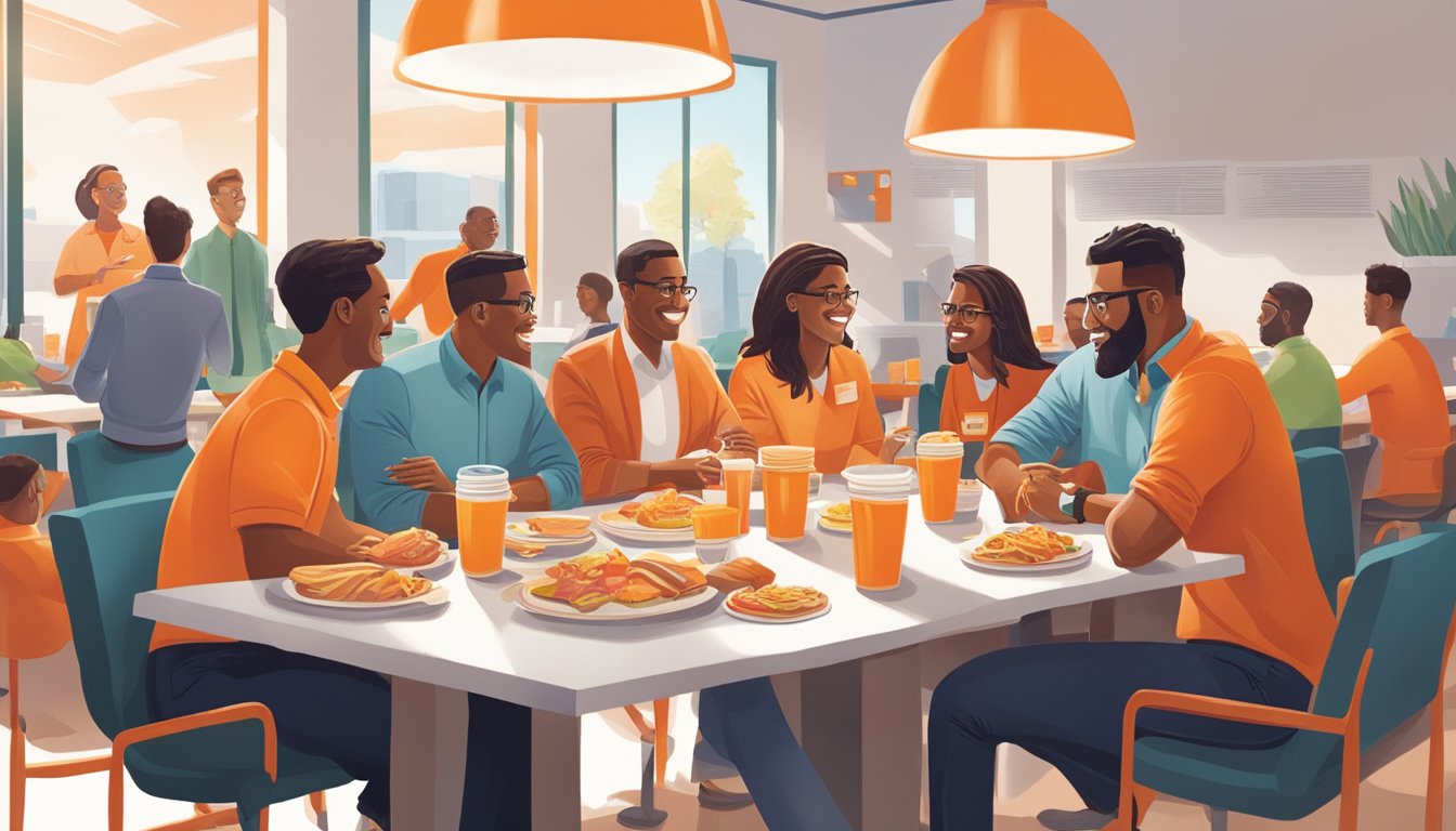 A group of executives gather around a table, brainstorming ideas while enjoying a breakfast spread. The room is filled with energy and collaboration, reflecting the vibrant culture of Whataburger's marketing team