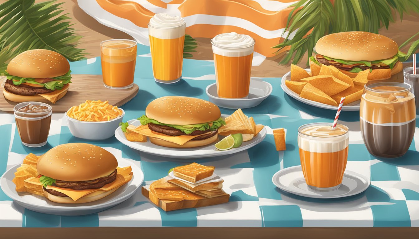 A table set with Whataburger breakfast items and beverages, surrounded by tourist attractions