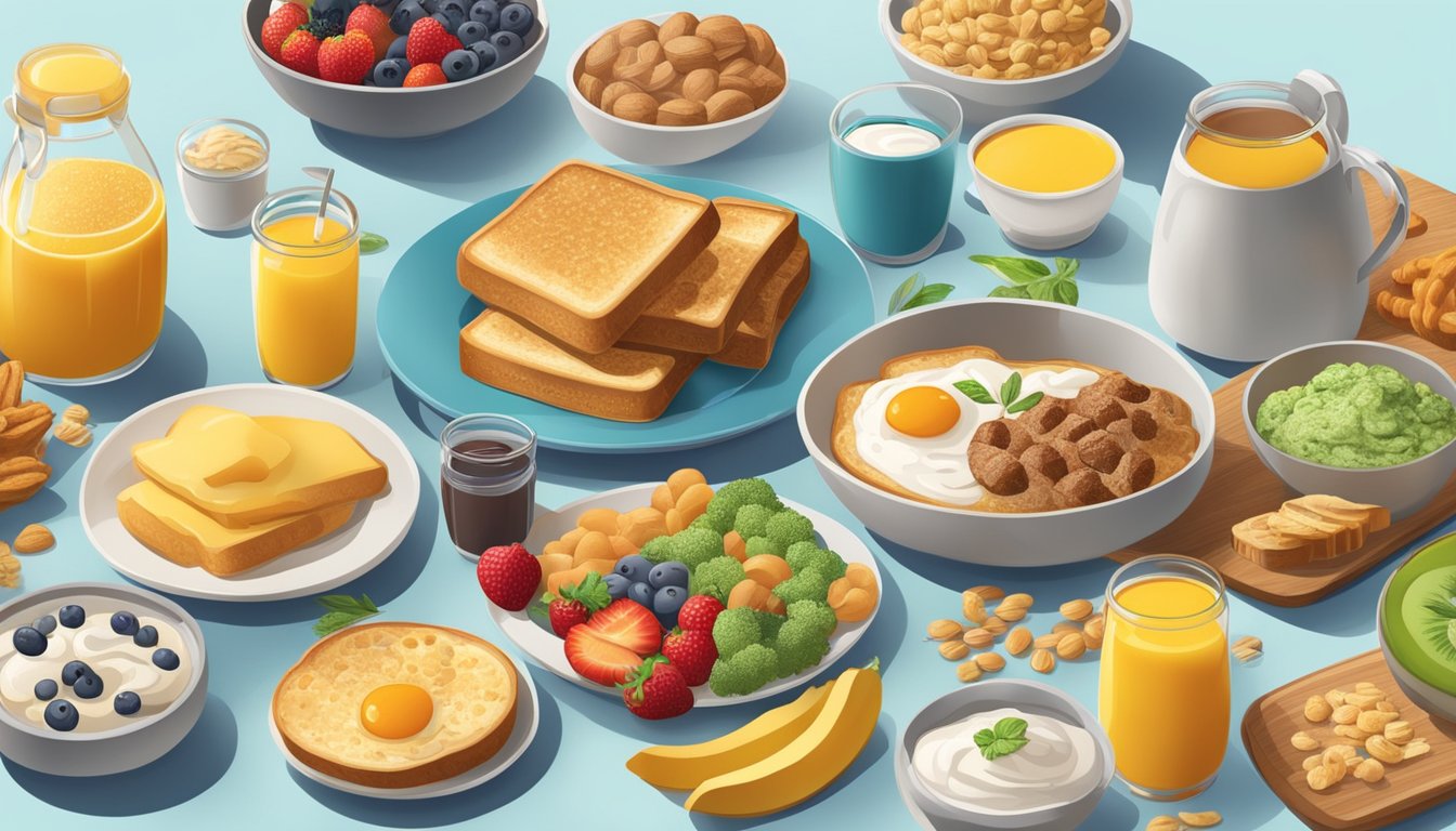 A vibrant breakfast spread with various food items and a clear display of nutrition and allergen information