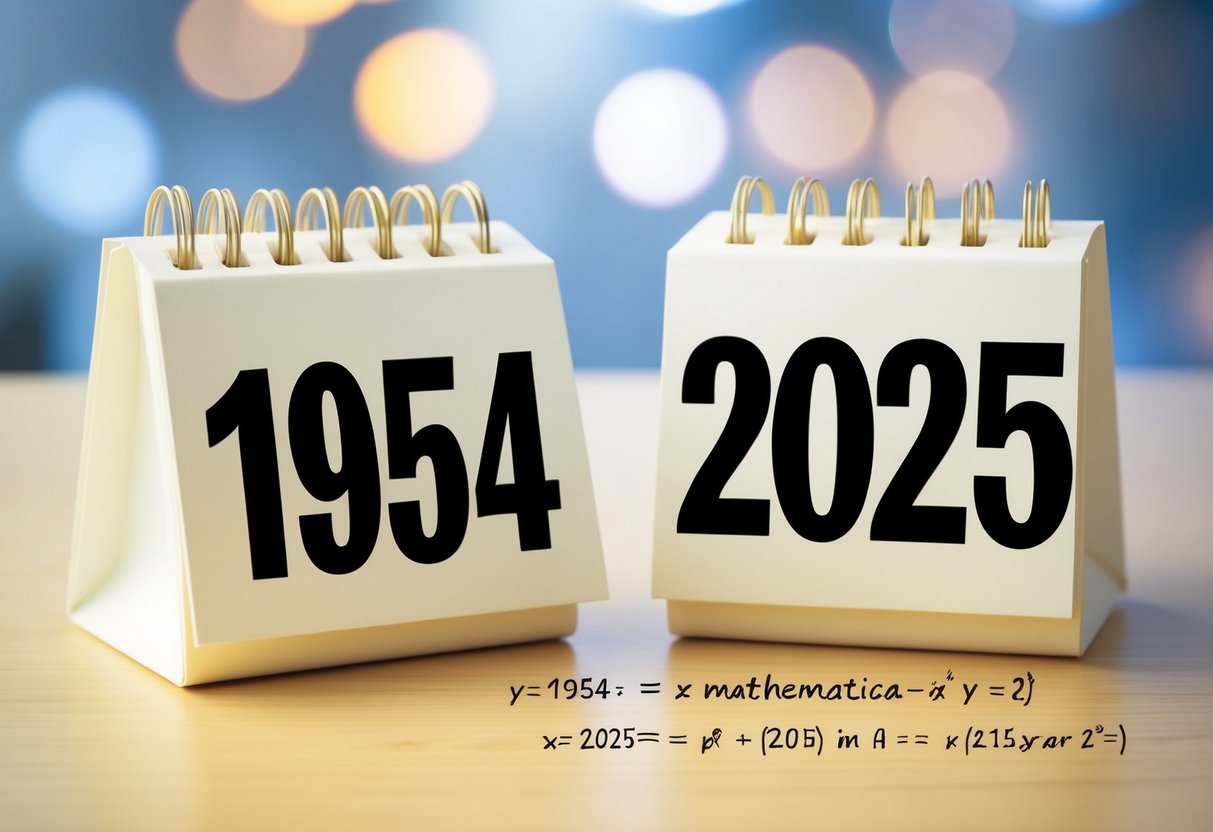 Um calendário mostrando o ano de 1954 e o ano de 2025 com uma equação matemática escrita ao lado.