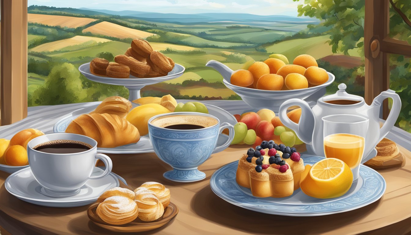 A table set with pastries, fruits, and coffee, with a backdrop of a European countryside