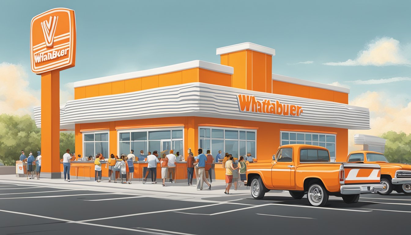 A bustling Whataburger restaurant with a line of customers eagerly ordering breakfast items, while the iconic orange and white striped building stands proudly in the background