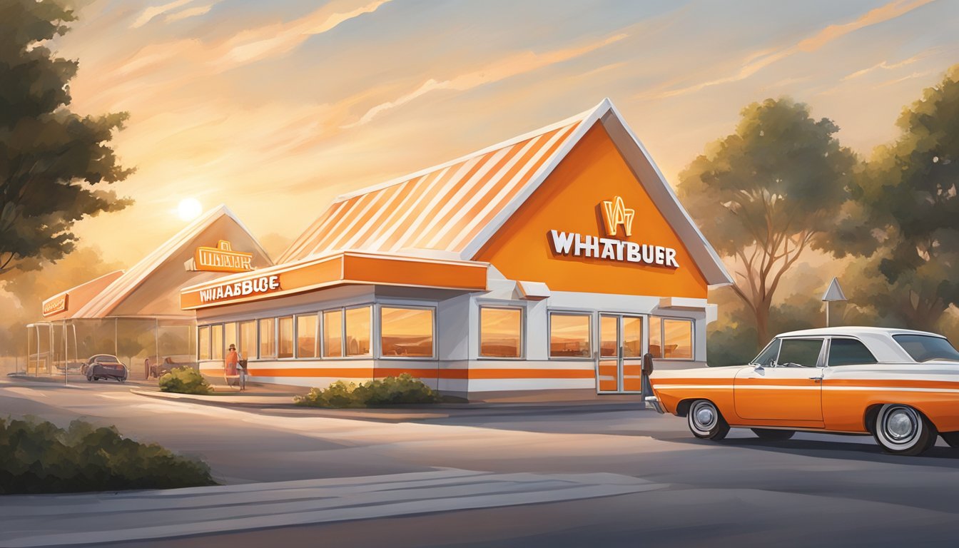 A sunrise over a Whataburger restaurant with the iconic orange and white striped A-frame building and a line of cars at the drive-thru